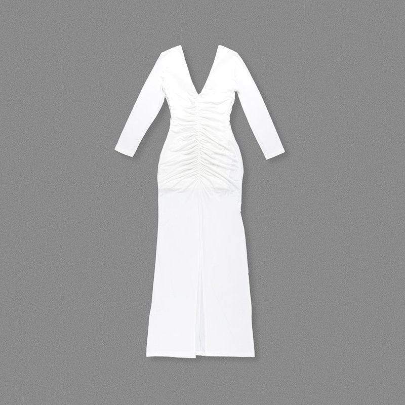 Deep V-Neck Ruched White Maxi Dress H6722