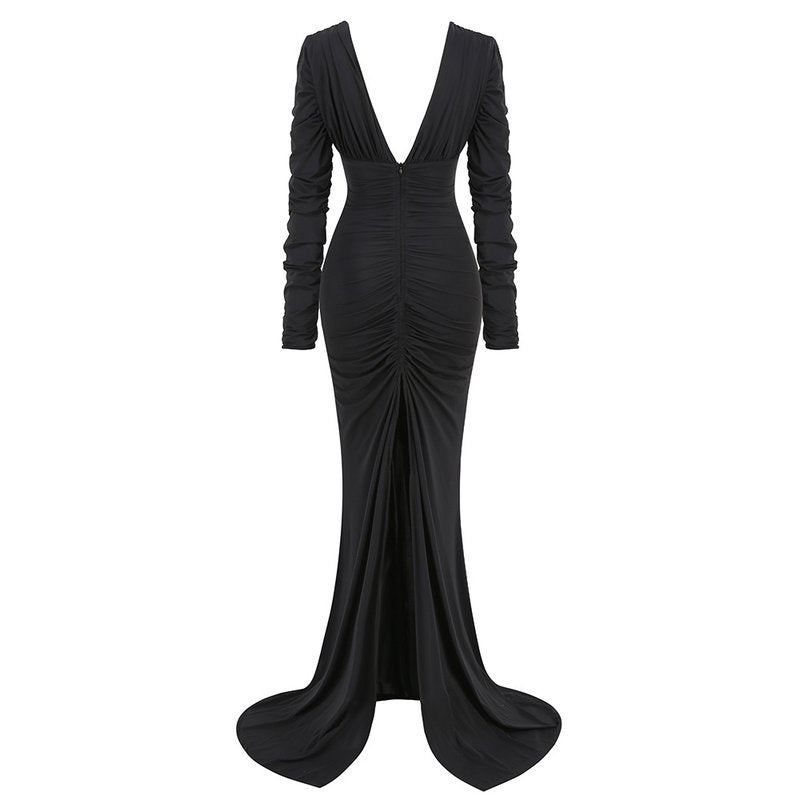 Deep V Ruched Long Sleeve Gown H6174