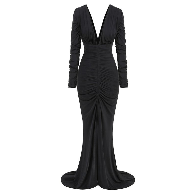 Deep V Ruched Long Sleeve Gown H6174