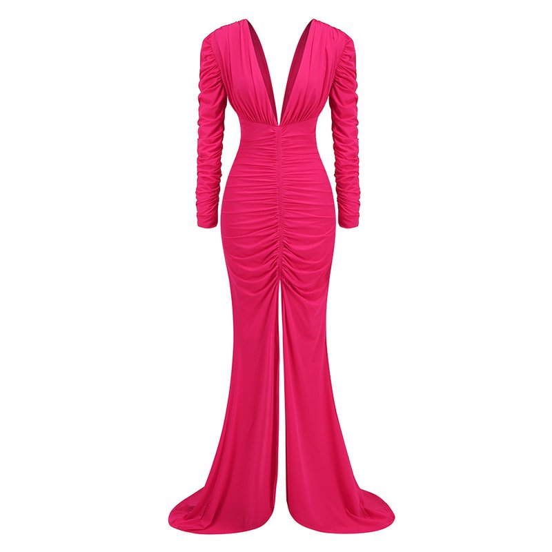 Deep V Ruched Long Sleeve Gown H6174