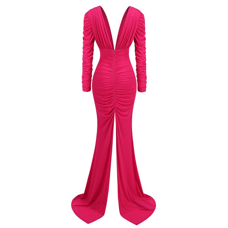 Deep V Ruched Long Sleeve Gown H6174