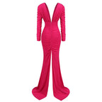 Deep V Ruched Long Sleeve Gown H6174