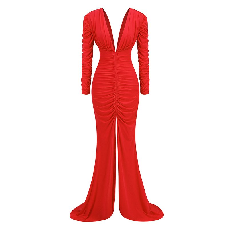 Deep V Ruched Long Sleeve Gown H6174