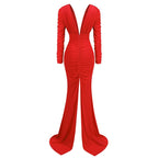 Deep V Ruched Long Sleeve Gown H6174