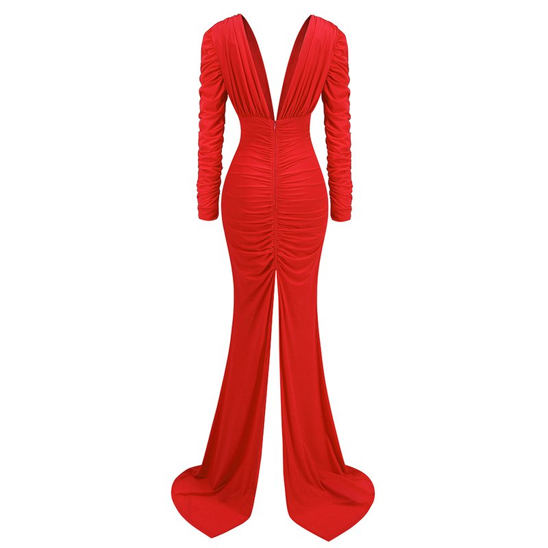 Deep V Ruched Long Sleeve Gown H6174