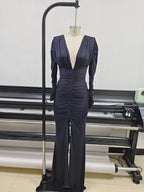 Deep V Ruched Long Sleeve Gown H6174