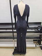 Deep V Ruched Long Sleeve Gown H6174