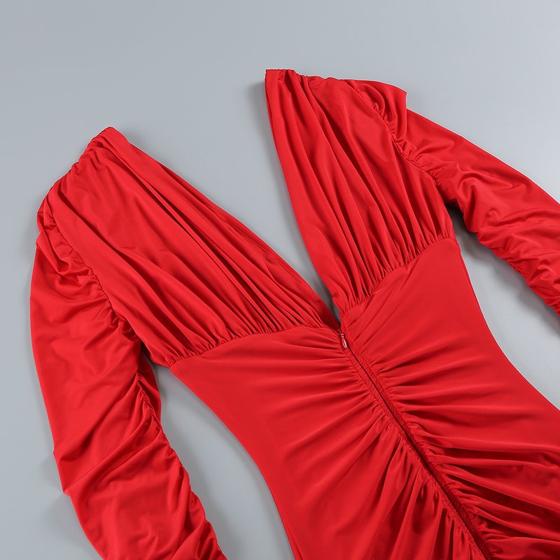 Deep V Ruched Long Sleeve Gown H6174