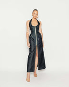 Denim Halter Maxi Dress with Zipper H6877