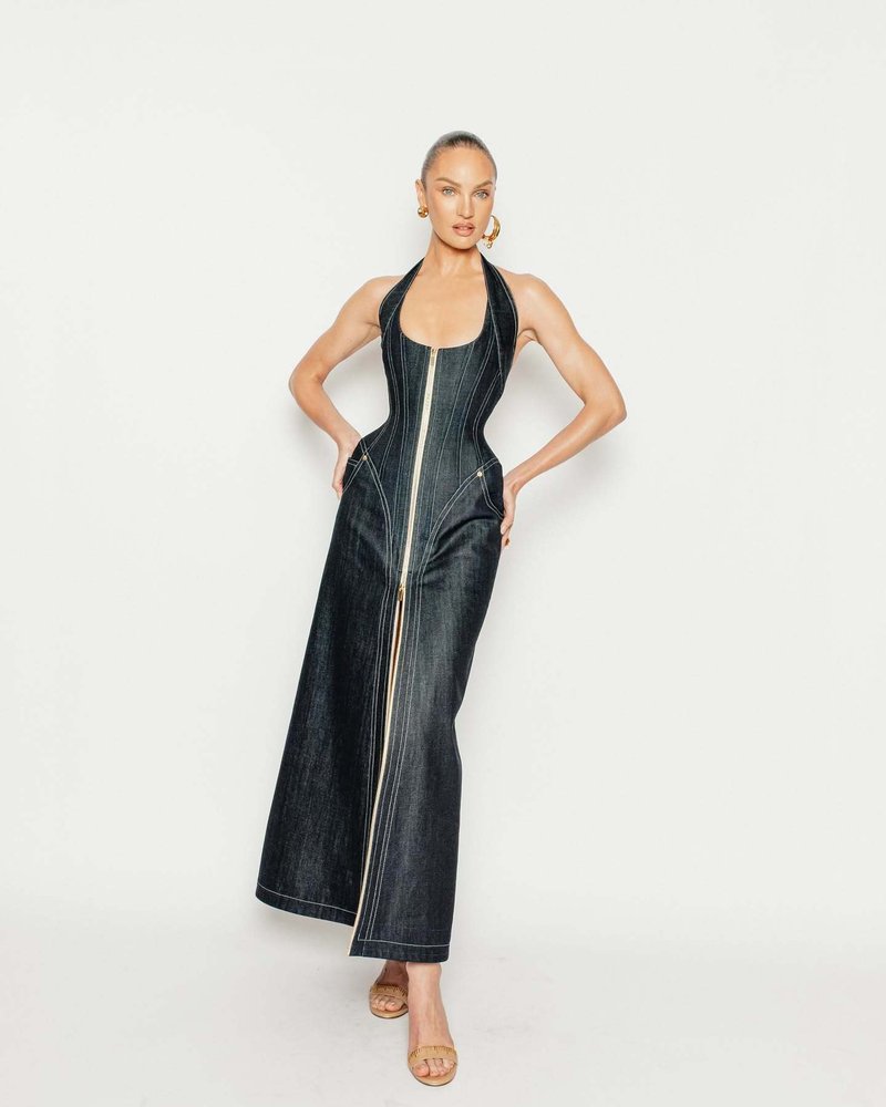 Denim Halter Maxi Dress with Zipper H6877