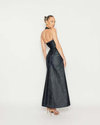 Denim Halter Maxi Dress with Zipper H6877