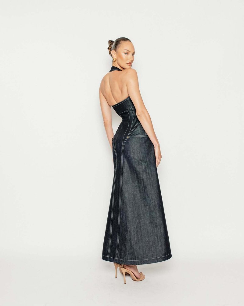 Denim Halter Maxi Dress with Zipper H6877