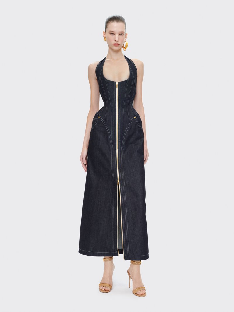 Denim Halter Maxi Dress with Zipper H6877