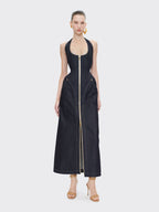 Denim Halter Maxi Dress with Zipper H6877