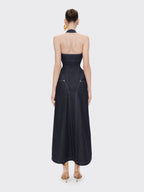 Denim Halter Maxi Dress with Zipper H6877