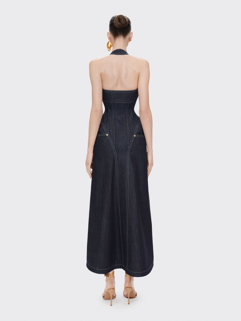 Denim Halter Maxi Dress with Zipper H6877