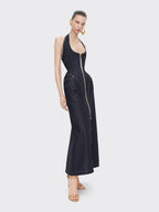 Denim Halter Maxi Dress with Zipper H6877