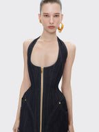 Denim Halter Maxi Dress with Zipper H6877