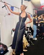 Denim Halter Maxi Dress with Zipper H6877