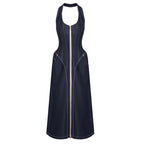 Denim Halter Maxi Dress with Zipper H6877