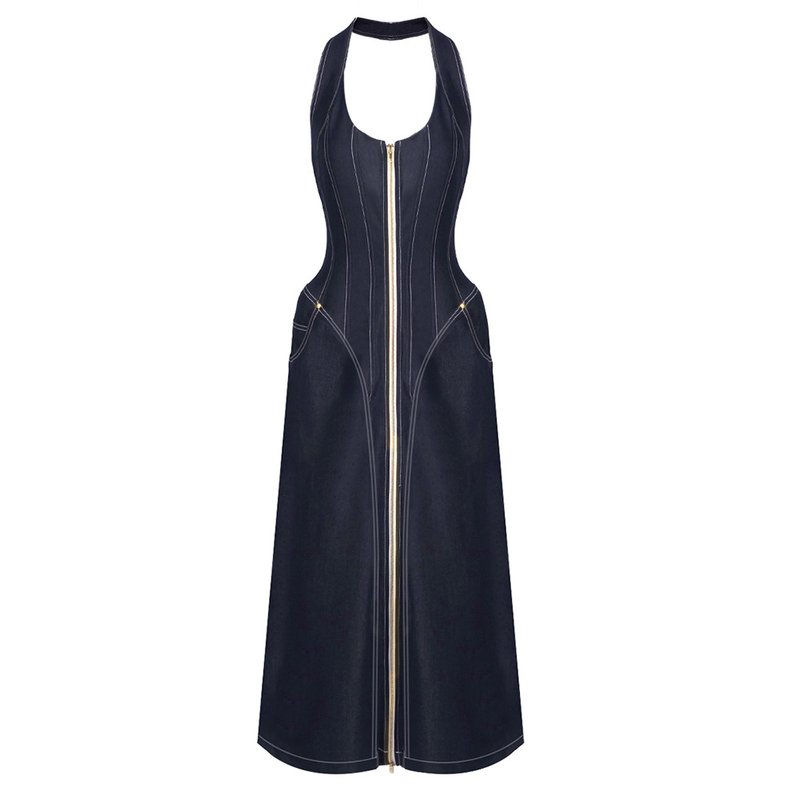 Denim Halter Maxi Dress with Zipper H6877
