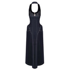 Denim Halter Maxi Dress with Zipper H6877