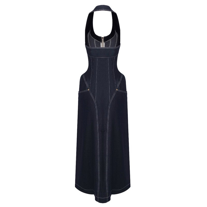 Denim Halter Maxi Dress with Zipper H6877