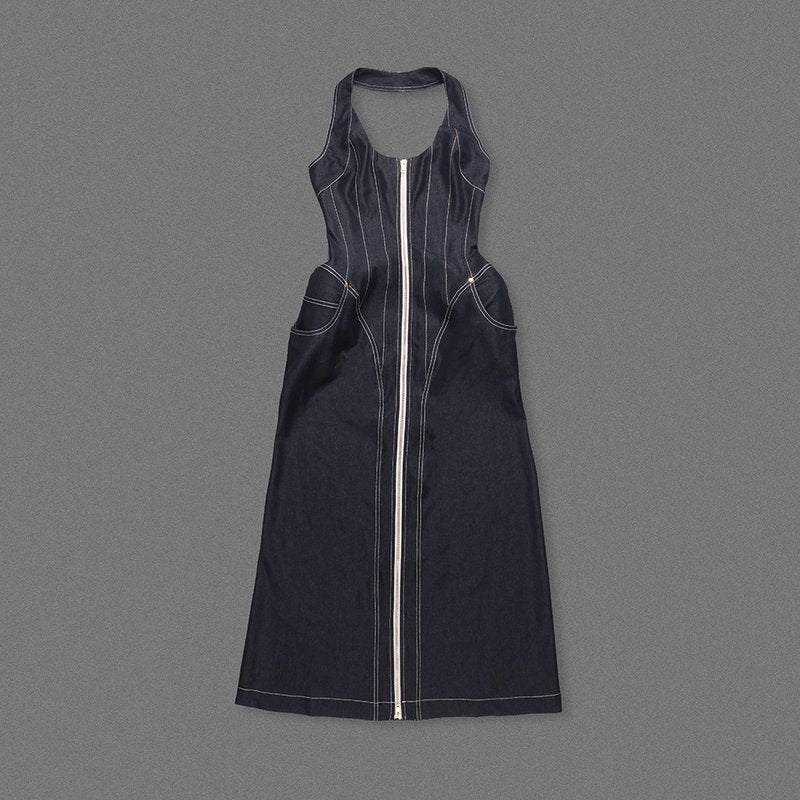 Denim Halter Maxi Dress with Zipper H6877