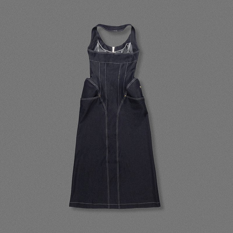 Denim Halter Maxi Dress with Zipper H6877