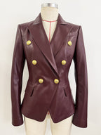 Double Breasted Burgundy Leather Blazer H7082