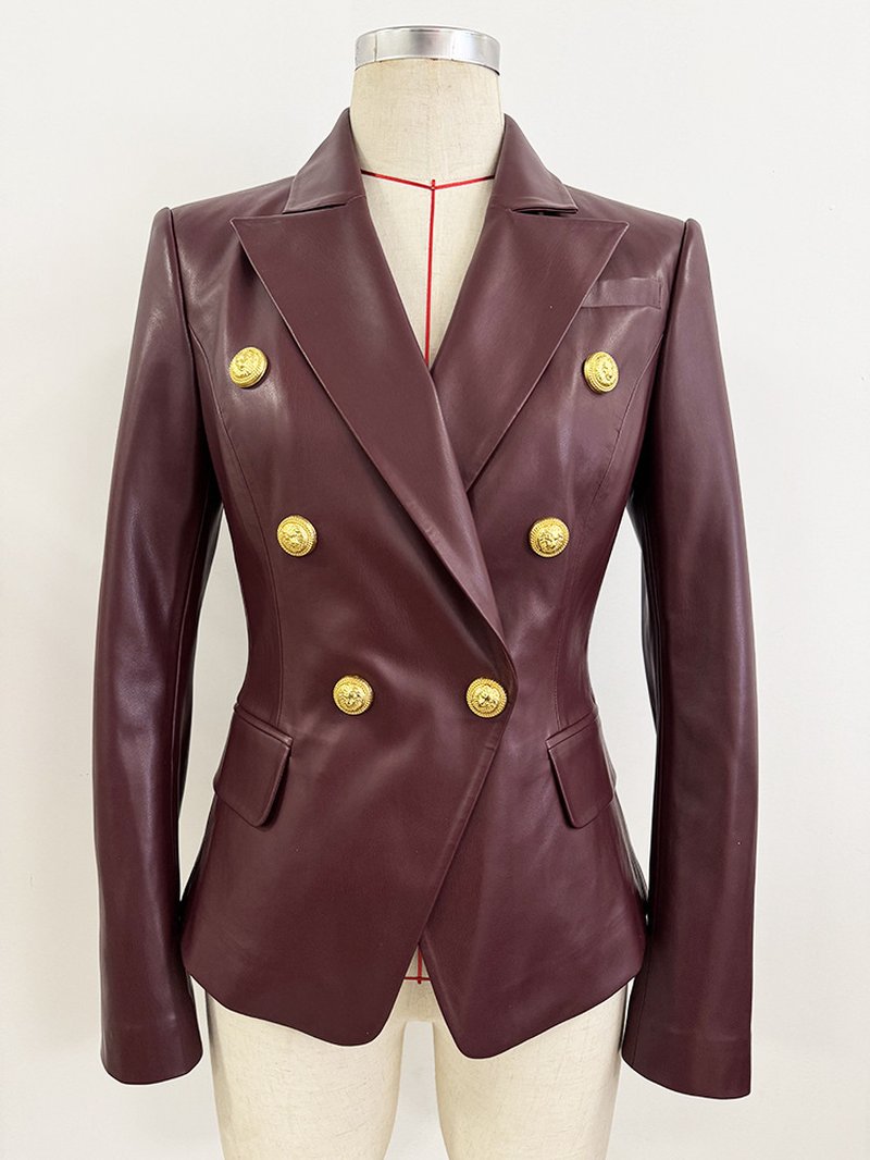 Double Breasted Burgundy Leather Blazer H7082