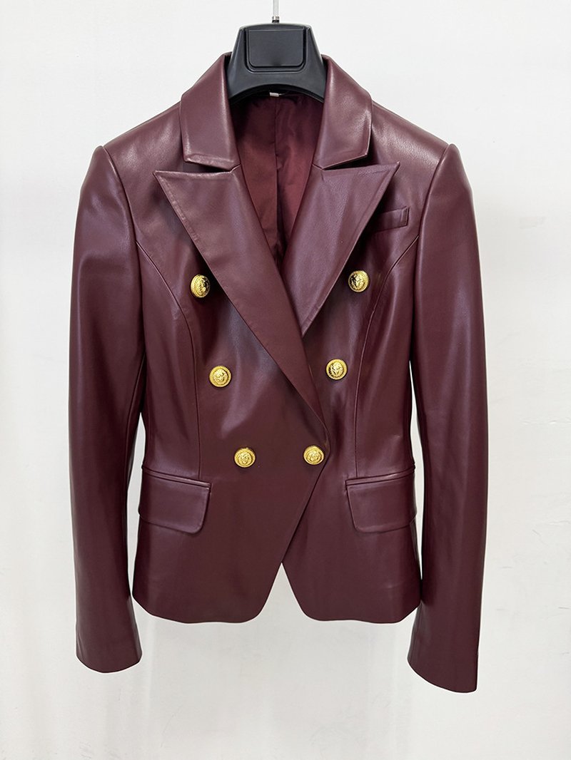 Double Breasted Burgundy Leather Blazer H7082