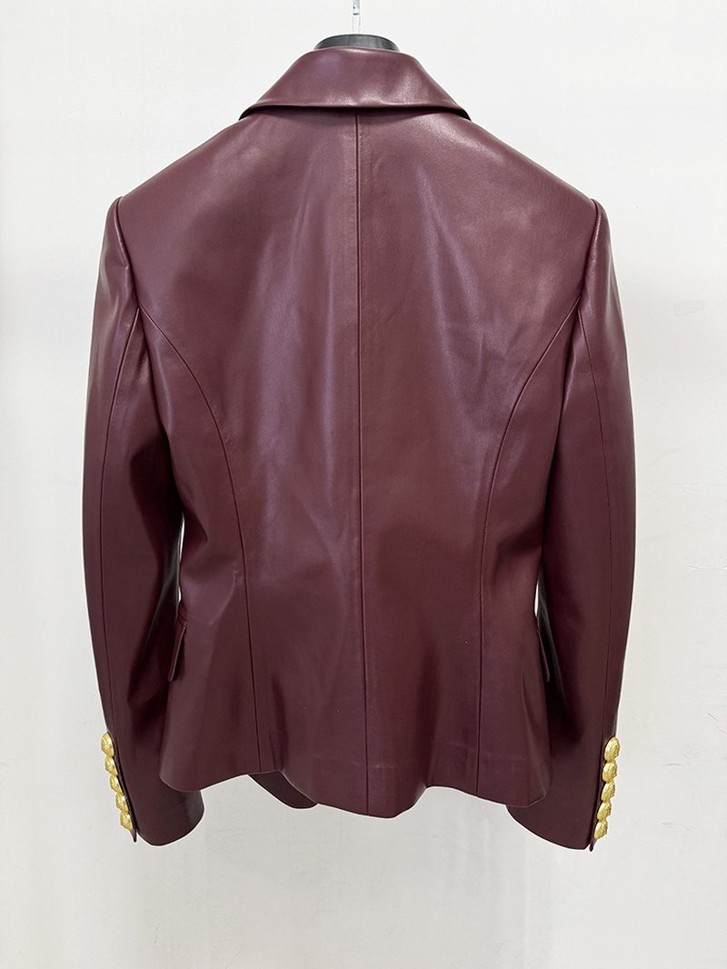 Double Breasted Burgundy Leather Blazer H7082