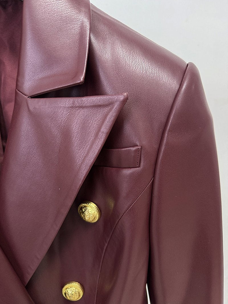 Double Breasted Burgundy Leather Blazer H7082