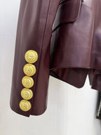 Double Breasted Burgundy Leather Blazer H7082