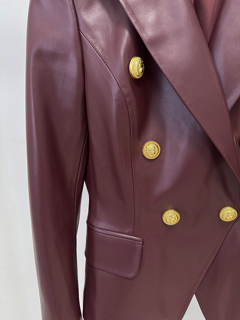 Double Breasted Burgundy Leather Blazer H7082
