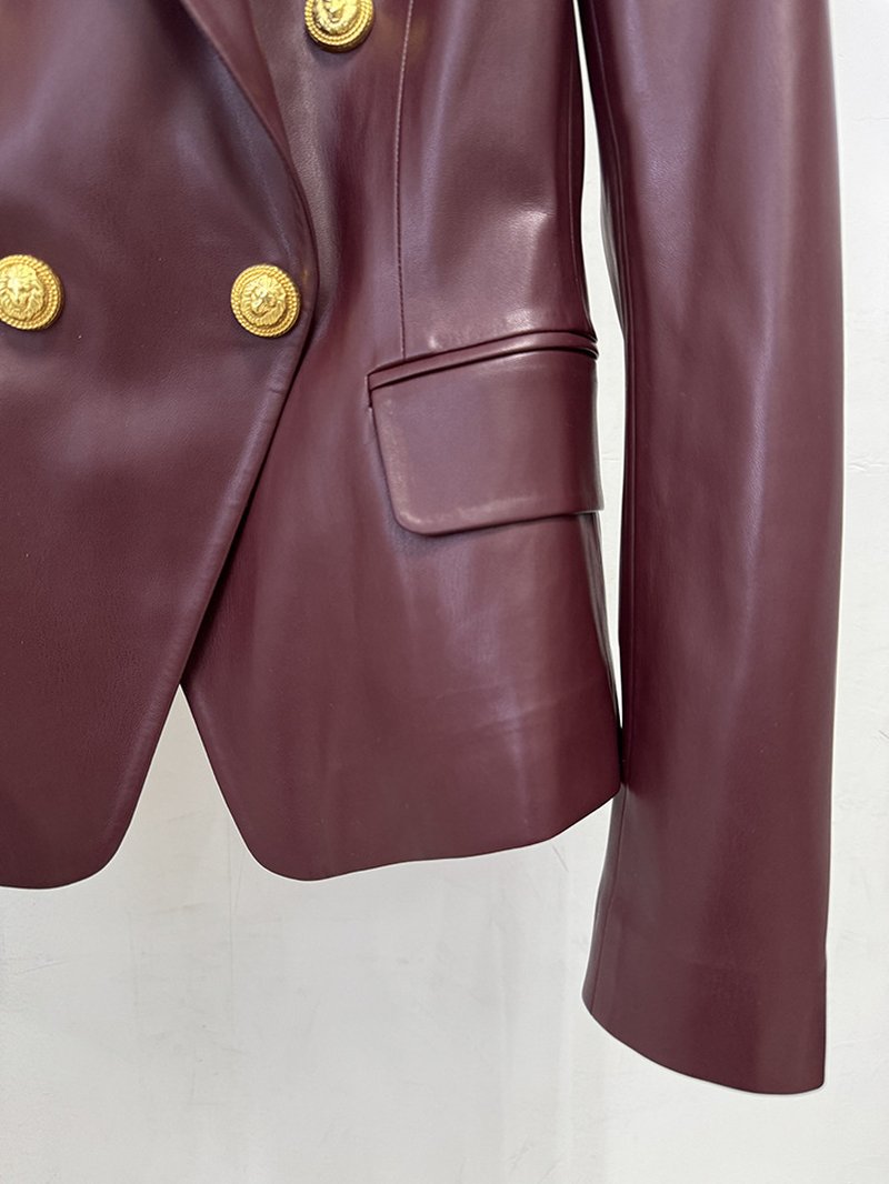 Double Breasted Burgundy Leather Blazer H7082
