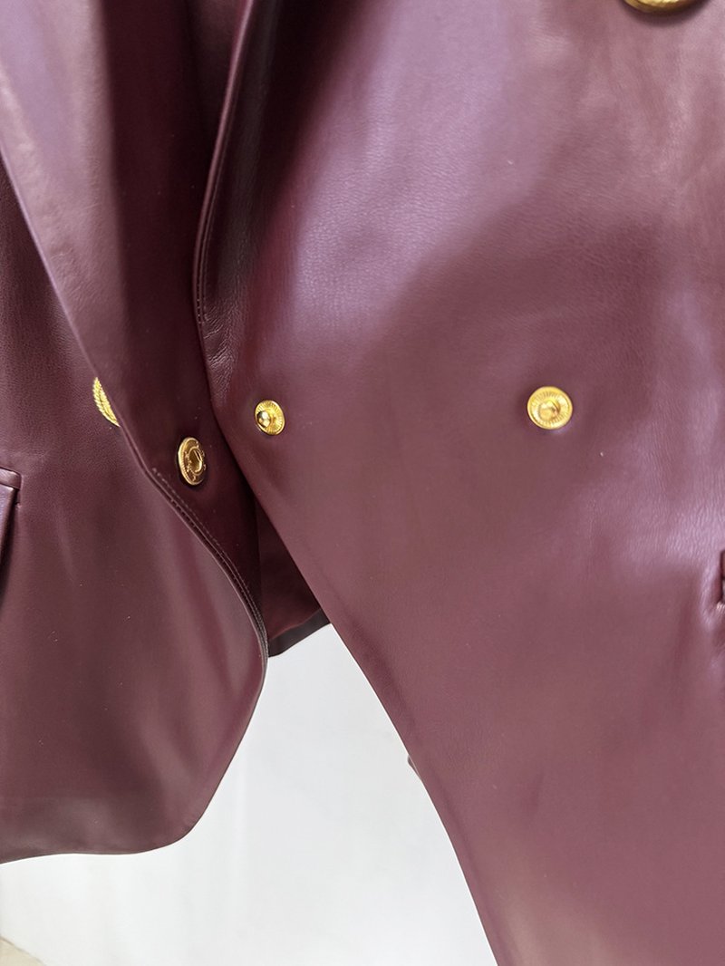 Double Breasted Burgundy Leather Blazer H7082