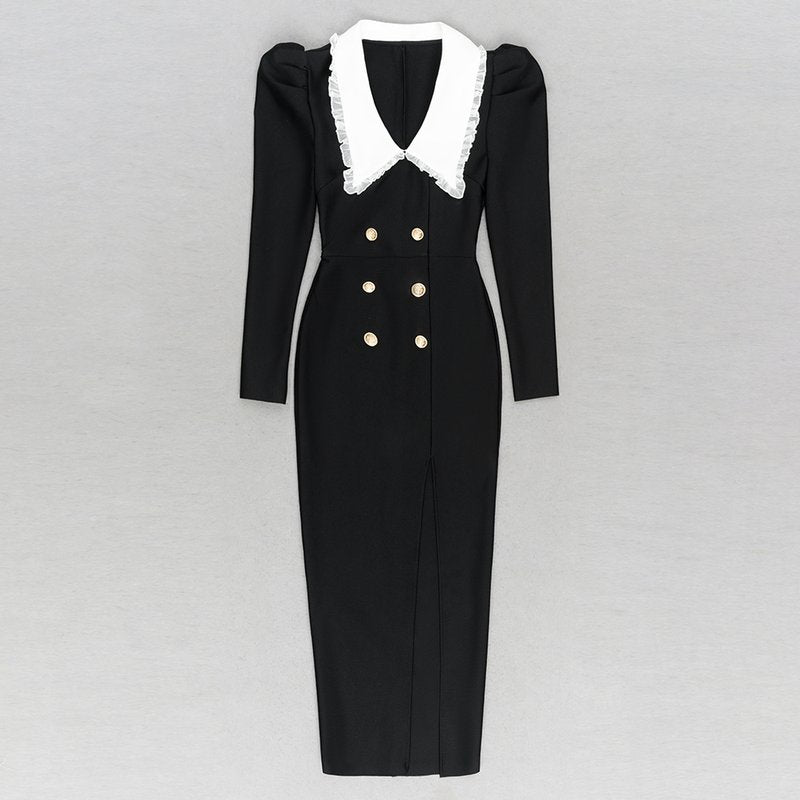 Double Breasted Puff Sleeve Midi Dress H6165