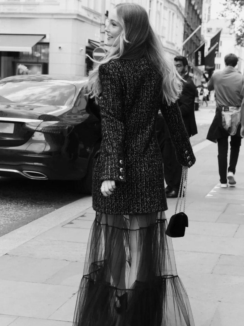 Double-Breasted Tweed Coat with Tulle Skirt H7128