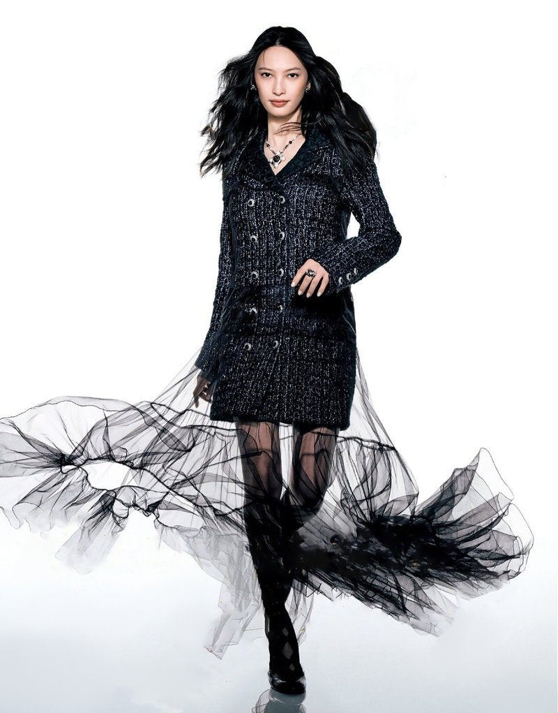 Double-Breasted Tweed Coat with Tulle Skirt H7128