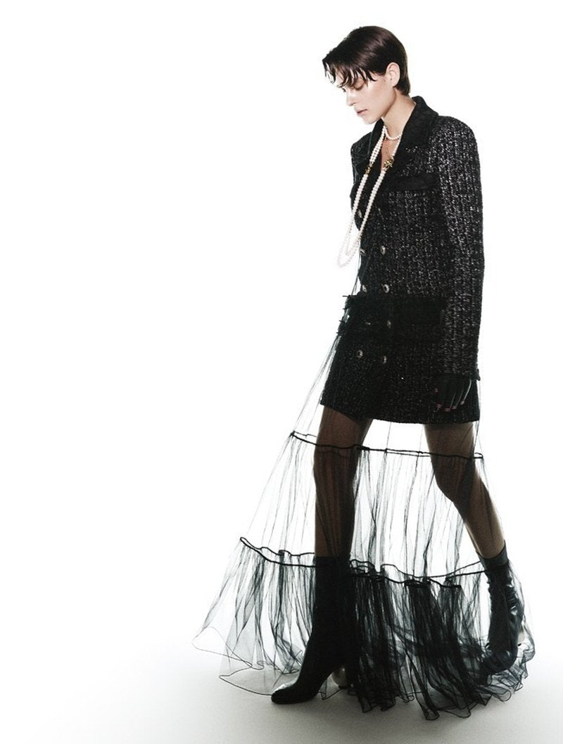 Double-Breasted Tweed Coat with Tulle Skirt H7128
