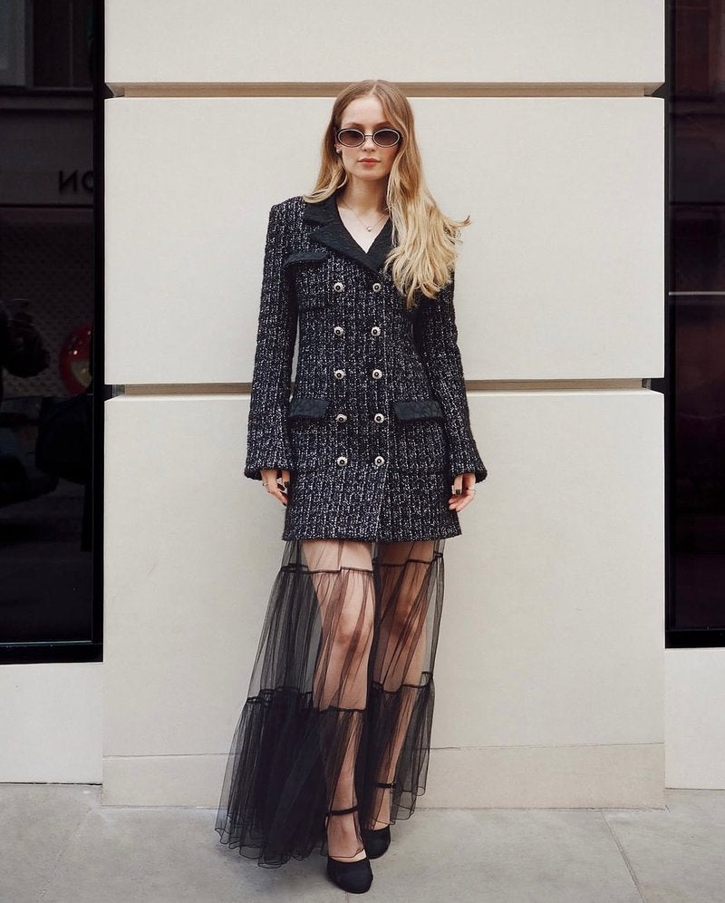 Double-Breasted Tweed Tulle Maxi Dress H7128