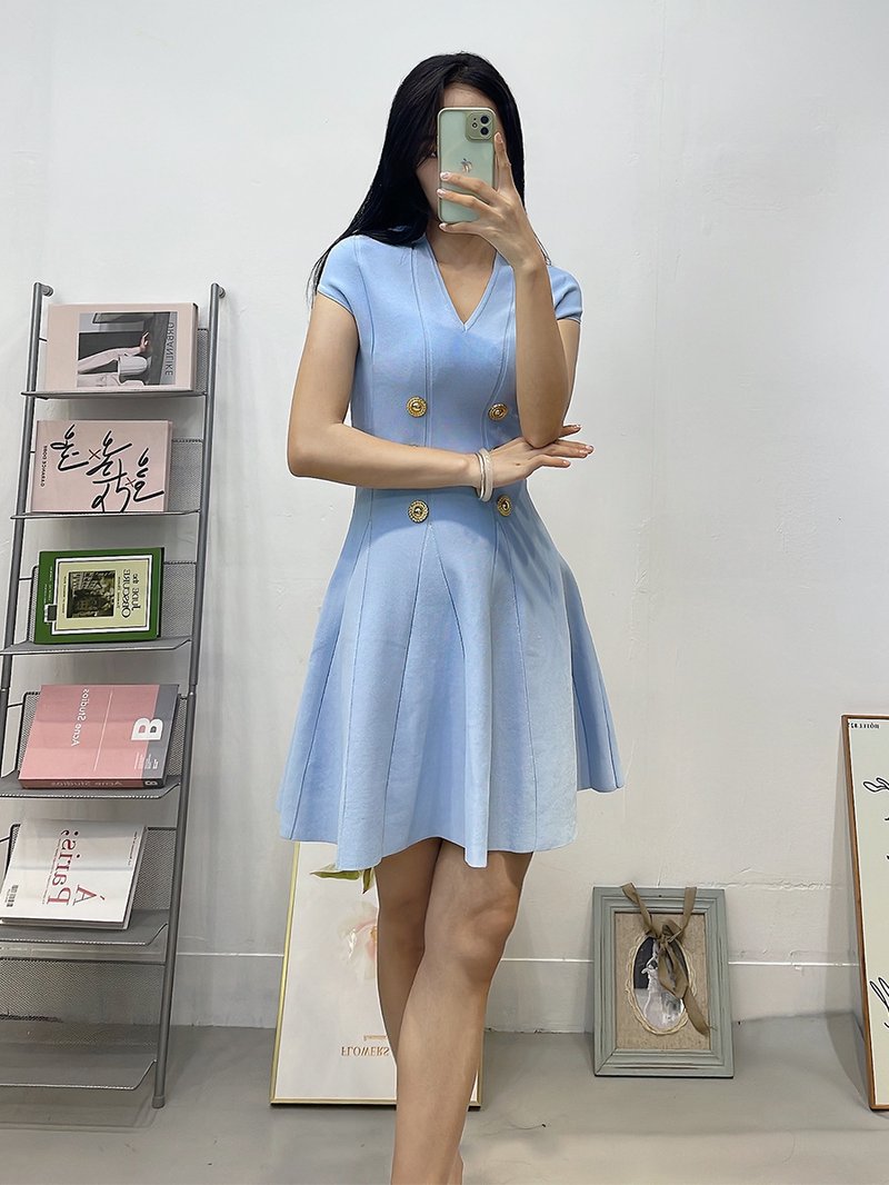 Double Button V-Neck Mini Dress H6834