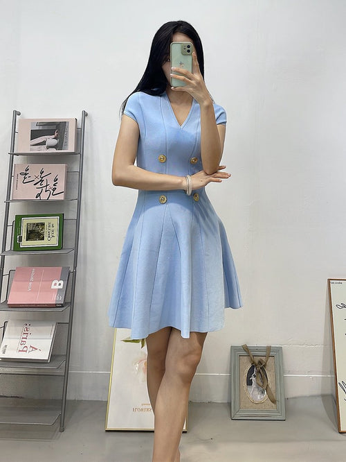 Double Button V-Neck Mini Dress H6834