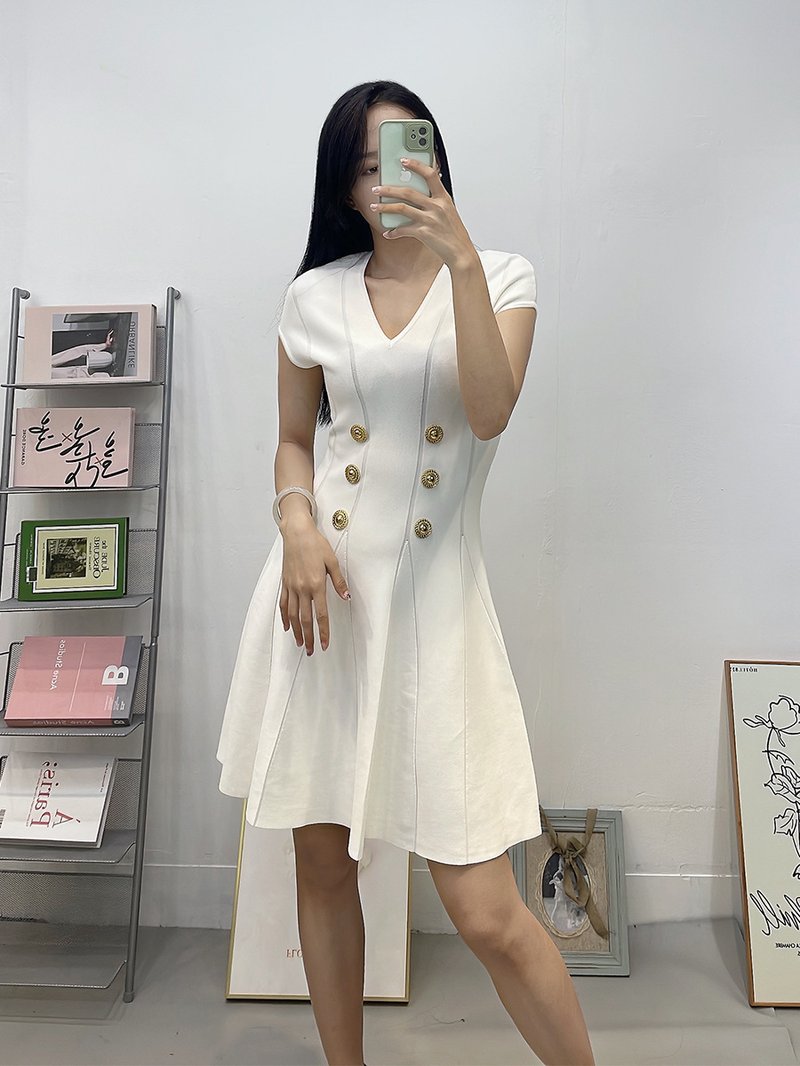 Double Button V-Neck Mini Dress H6834