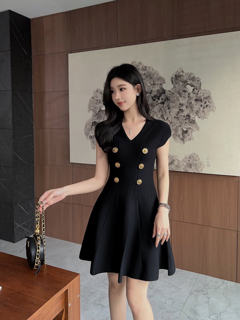 Double Button V-Neck Mini Dress H6834
