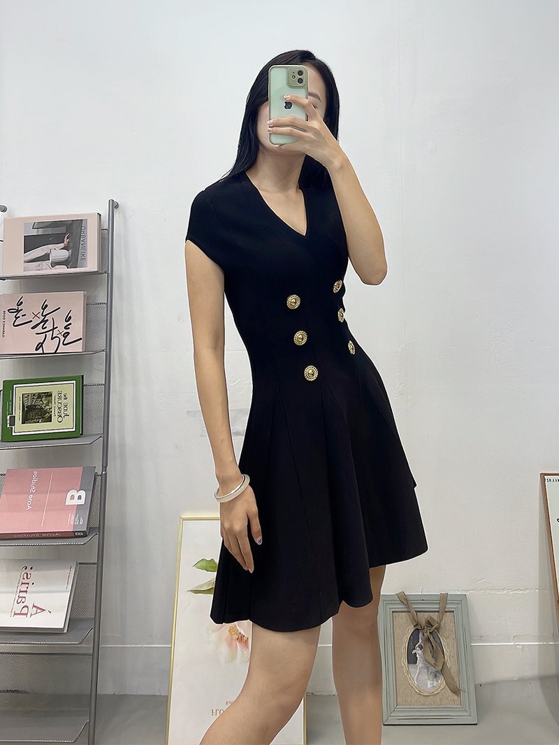 Double Button V-Neck Mini Dress H6834