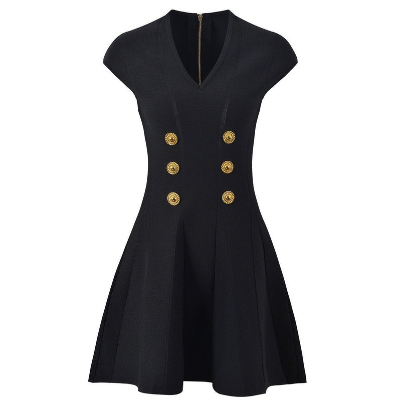 Double Button V-Neck Mini Dress H6834
