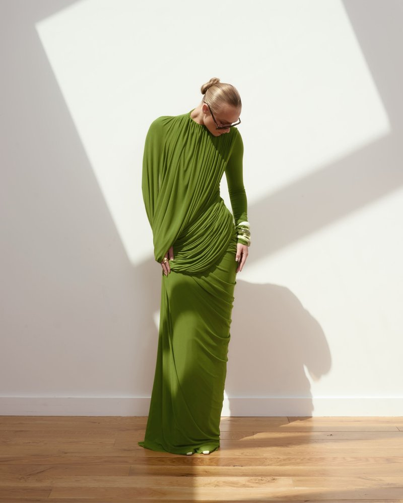 Draped Long Sleeve Green Maxi Dress H7097